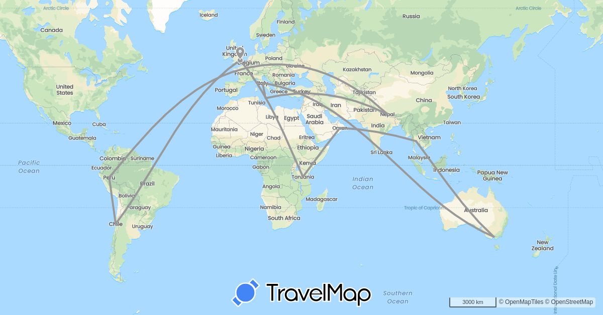 TravelMap itinerary: plane in Australia, Chile, United Kingdom, Italy, Malta, Nepal, Oman, Peru, Thailand, Tanzania (Africa, Asia, Europe, Oceania, South America)